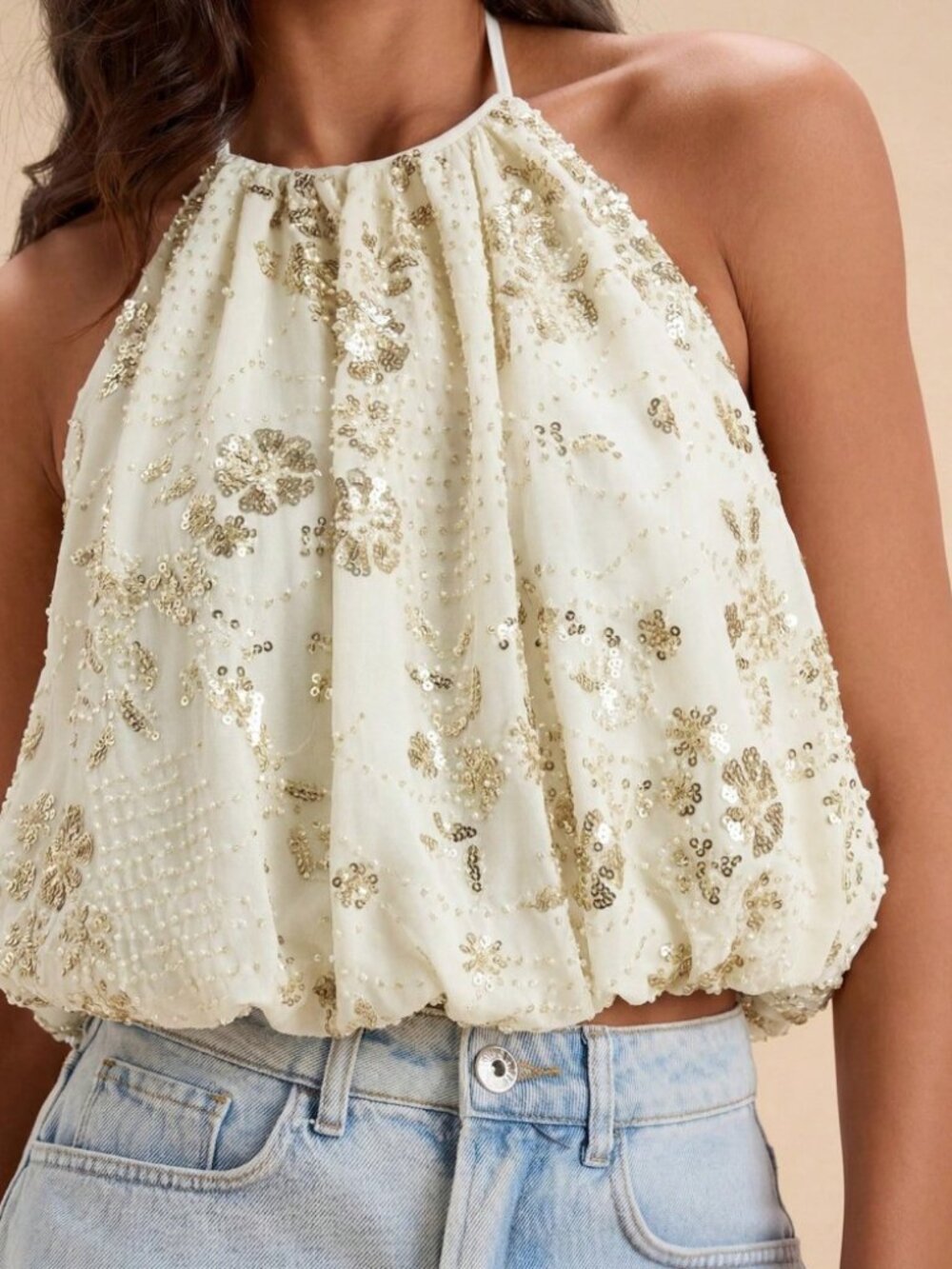 Cream Sequin Halter Crop Top with Gold Beading